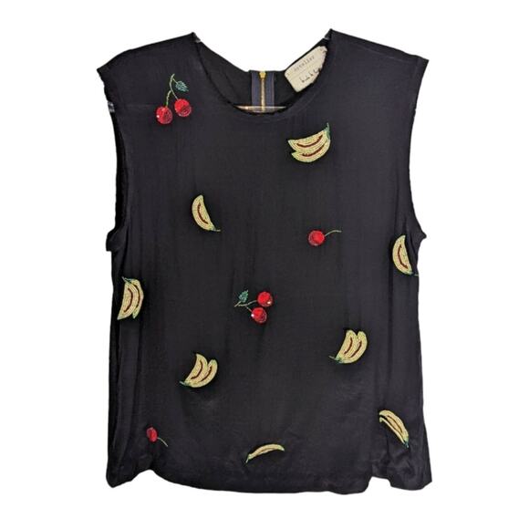 Nicole Miller Artelier Black Silk Beaded Banana Cherry Sleeveless Top Medium - Picture 1 of 10